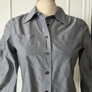 Vintage Metallic Grey Club Monaco Button Down top -Sz M - Ruched Bungee Sleeves.